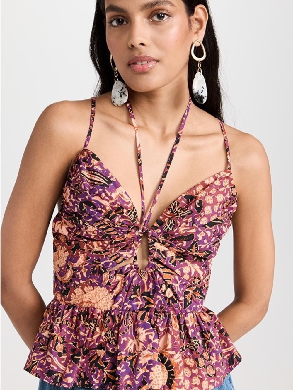 Purple and Peach Floral Tie-Front Peplum Tank
